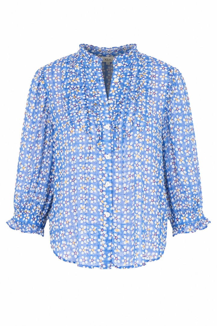 Ruffle Front Button Blouse- Aster Blue