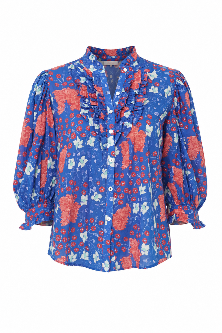 Ruffle Front Button Blouse- Fluer Blue