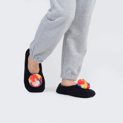 Marble Pom Knit Slippers - Black