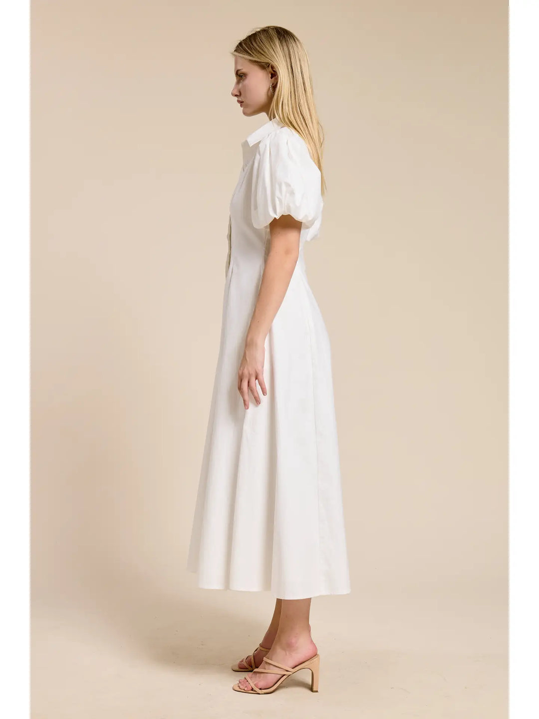 Puff-Sleeve Midi Dress - White