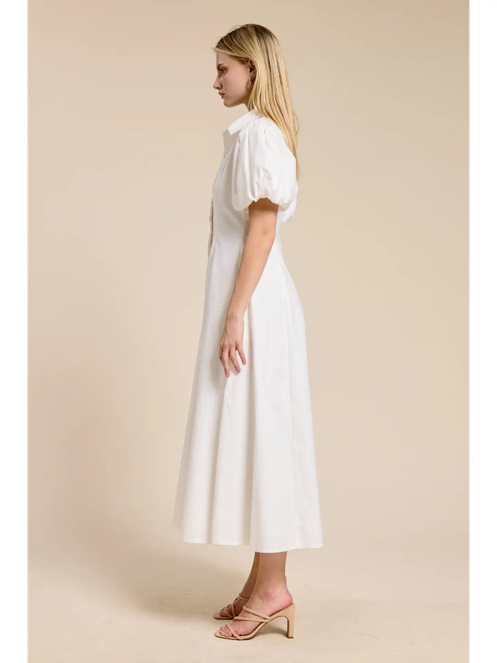 Puff-Sleeve Midi Dress - White