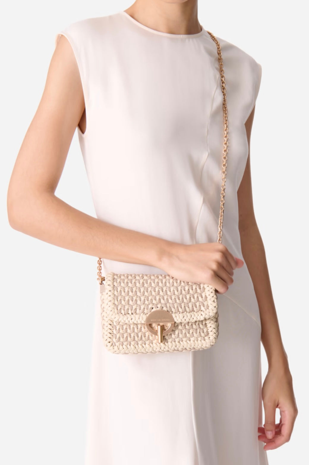 Small Braided Leather Moon Bag - Beige/Ivory