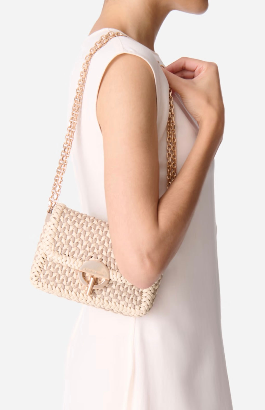 Small Braided Leather Moon Bag - Beige/Ivory