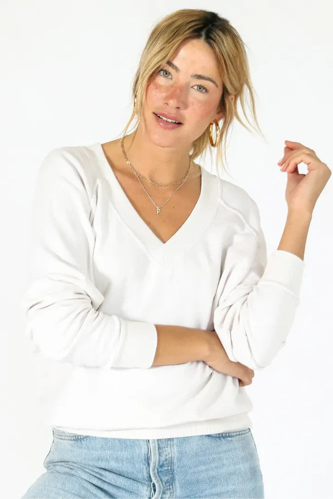 Sinead Relaxed French Terry V Neck Sweatshirt - White