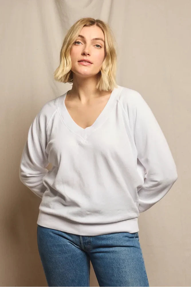 Sinead Relaxed French Terry V Neck Sweatshirt - White