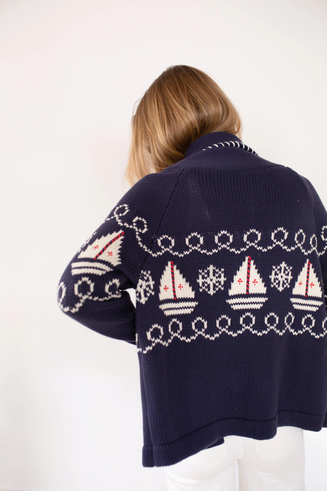Nautical Intarsia Shawl Cardigan - Navy