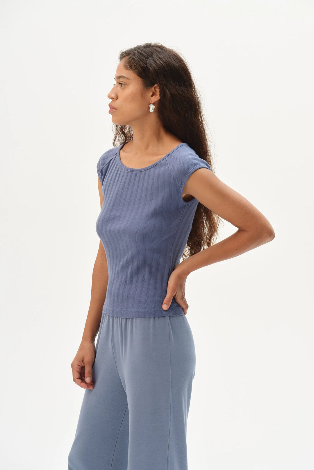 The Varied Rib Wide Neck Tee - Lapis