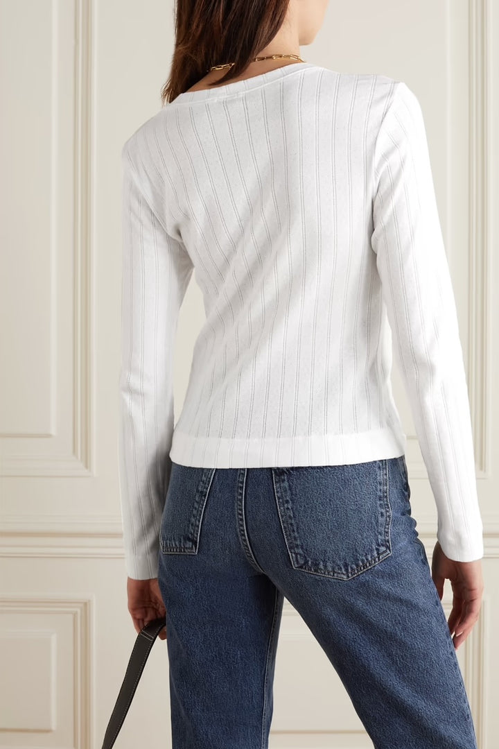 Pointelle Classic Crew Cardigan - White