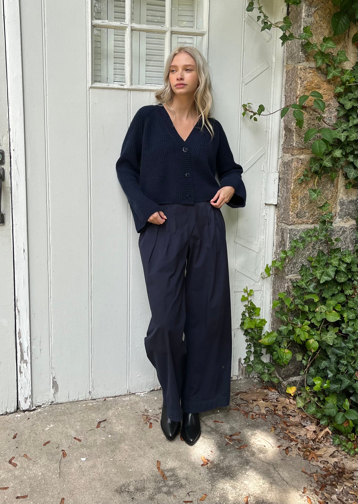 The Ashley Cashmere Bell Sleeve Cardi Navy